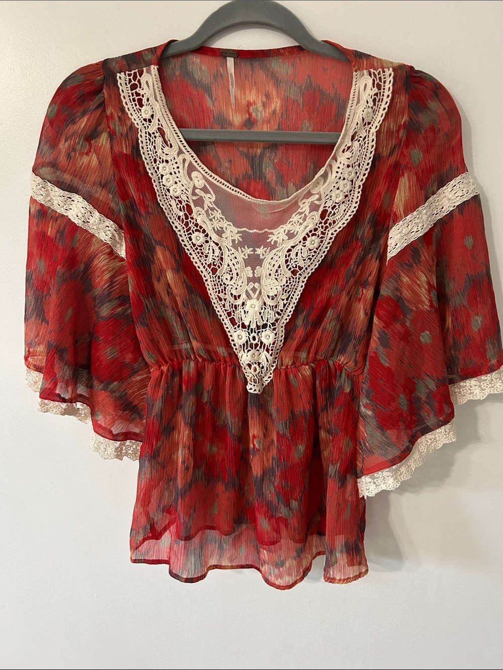 Free People Daydreamer Embroidered Blouse Red Sheer Lace Trim V-Neck Flowy Light